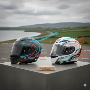 Diagram highlighting the top vents and rear spoilers of the Shoei RF-1400 and AGV K6 for motorway riding.