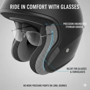 Detail of internal padding grooves specifically designed for riders wearing spectacles or sunglasses.