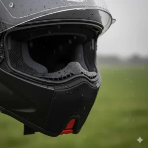 An ergonomic helmet neck roll and chin curtain designed to stop road spray from entering the bottom of the lid.