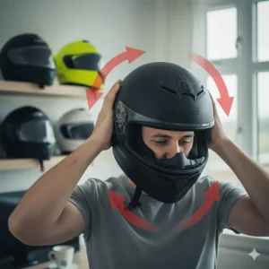 A demonstration of the motorcycle helmet security test to ensure the chin strap is correctly tensioned and the helmet cannot be pulled off.