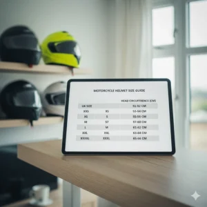 A clear motorcycle helmet size conversion chart showing sizes from XXS to XXXL matched with head measurements in centimetres.