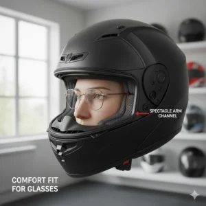 Cross-section illustration of a motorbike helmet showing the internal channel designed to accommodate spectacle arms comfortably.