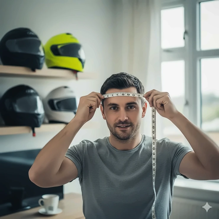 A comprehensive UK motorcycle helmet sizing guide showing a rider measuring their head circumference with a cloth tape measure. motorcycle helmet sizing guide