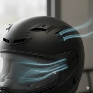 Illustration of adjustable air vents on a motorbike helmet designed to prevent visor fogging in cold UK weather.
