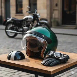 A classic open-face motorcycle helmet with a peak and quilted lining, suitable for women riding vintage scooters or retro motorbikes.