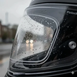 Illustration showing a Pinlock anti-fog insert fitted to a clear motorcycle helmet visor to maintain visibility in rain.