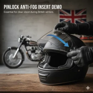 A clear Pinlock anti-fog insert fitted to a helmet visor to ensure mist-free vision during damp or cold UK commutes.