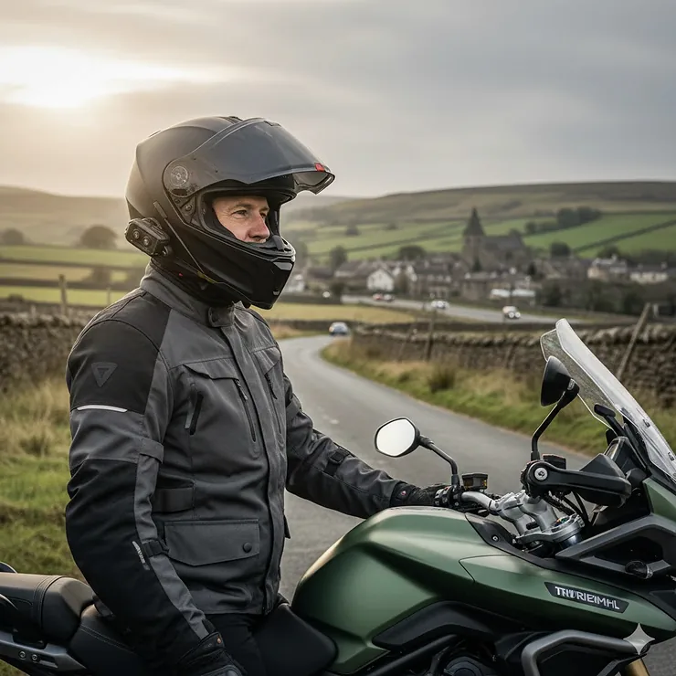 A rider wearing a matte black Bluetooth-integrated motorcycle helmet while parked on a scenic British country road. Bluetooth motorcycle helmets