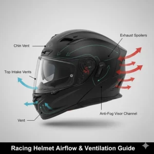 Illustration showing the multi-point ventilation system on a lightweight racing lid to prevent fogging.