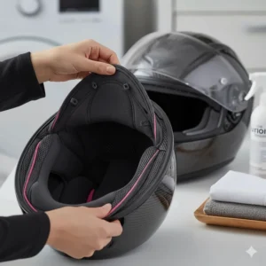 Close-up of a helmet's removable and washable interior lining, designed to stay fresh and accommodate long hair or makeup.