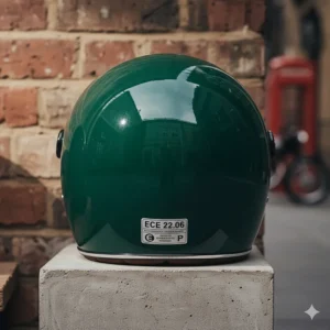 Detailed illustration showing the ECE 22.06 safety rating sticker on the rear of a vintage-style motorbike helmet to meet UK road legal standards.