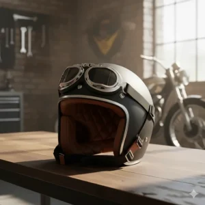 Illustration of vintage-style aviator goggles with leather padding paired with a matte black open-face motorbike helmet.