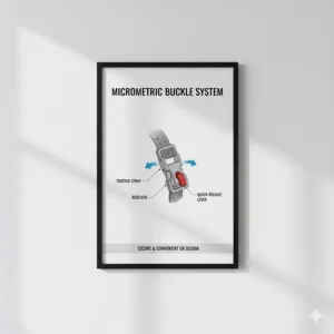 A technical illustration of a micrometric buckle system used for secure and quick-release scooter helmet fastening.