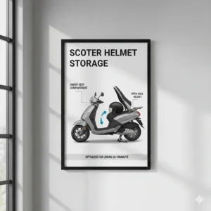 An illustration showing an open-face helmet fitting into the under-seat storage compartment of a modern petrol scooter.