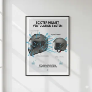 A detailed diagram highlighting the internal cooling channels and top vents of a commuter scooter helmet.