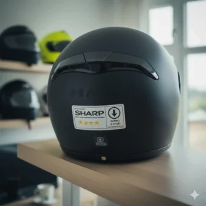 The back of a motorcycle helmet displaying the UK Government’s SHARP safety rating label with a five-star rating visible.