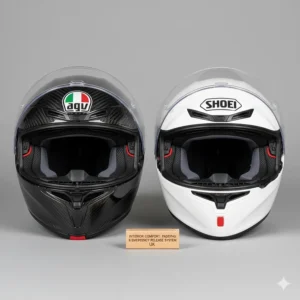 Top-down view of the moisture-wicking emergency release cheek pads in the Shoei and AGV helmet interiors.