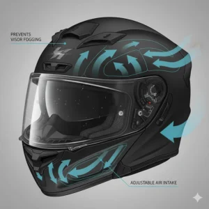 Detailed diagram showing the adjustable ventilation system on a sports touring helmet to manage airflow and prevent misting in UK weather.