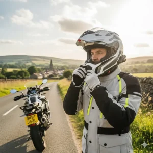 A rider adjusting the brow vents on their helmet during a warm summer tour in the UK.