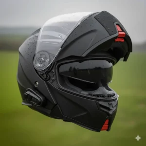 A touring crash helmet featuring an internal drop-down sun visor for handling low-winter sun on UK motorways.
