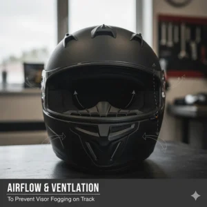 Detailed view of top vents and chin bar air intakes on a professional track day helmet to prevent visor fogging.