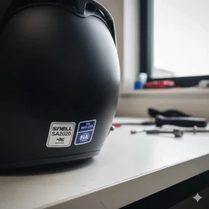 Diagram showing Snell SA2020 and FIA 8859-2015 safety stickers on the back of a motorsport helmet.