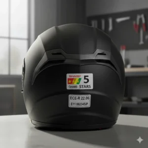 Illustration showing the SHARP star rating logo and ECE 22.06 safety sticker on the back of a women’s motorbike helmet.