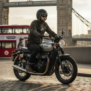 A motorcycle rider in London wearing a matte black low profile helmet, ideal for urban commuting.