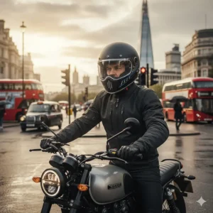 A commuter stopped at a London junction wearing an open-face helmet with integrated sun visor and air channels.