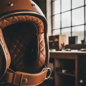 A close-up view of the interior of a retro helmet showing the high-quality brown quilted leather liner and padded chin strap.