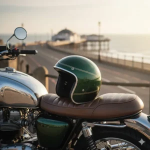A classic cafe racer style low profile helmet with chrome trim, perfect for British vintage bike enthusiasts.