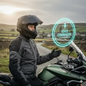 Illustration of a rider using voice commands to control music and calls without taking hands off the handlebars.