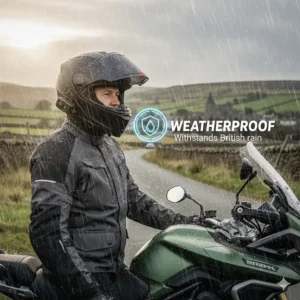 A visual showing a Bluetooth helmet unit withstanding typical British rainy weather conditions.