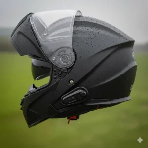 A waterproof touring helmet with a seamless cutout for a Bluetooth communication system, protected from moisture.