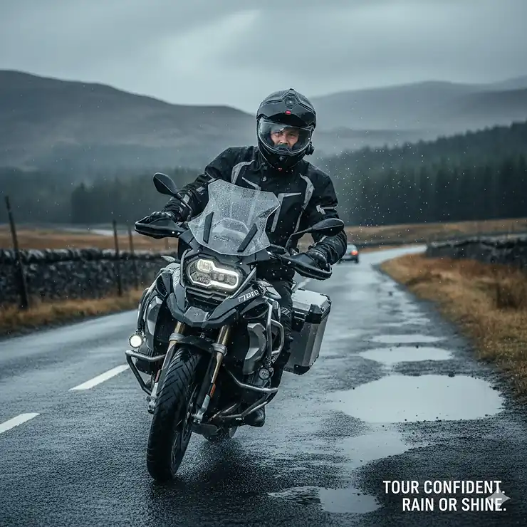 A motorcyclist riding a touring bike through rain on a British country road, wearing a waterproof motorcycle helmet with a clear, fog-free visor. waterproof motorcycle helmets for touring
