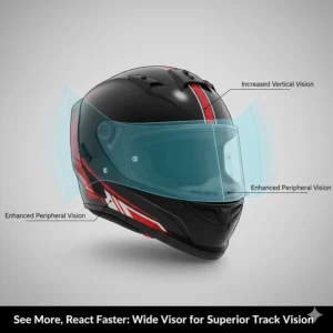 Illustration of the increased vertical and lateral field of vision provided by modern racing visors.