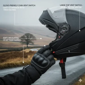 Large, tactile vent switches on a helmet designed for easy operation while wearing thick winter motorcycle gloves.