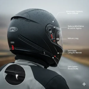 A technical drawing of a removable neck curtain and chin curtain to reduce wind noise and cold air entry.