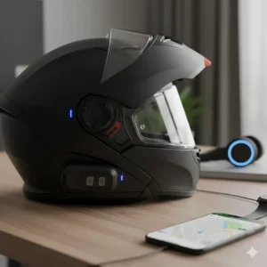 A motorcycle helmet for women featuring an integrated Bluetooth communication system for hands-free calls and GPS navigation.