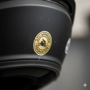 Close-up of the official gold ACU approved sticker on the rear of a motorbike helmet.