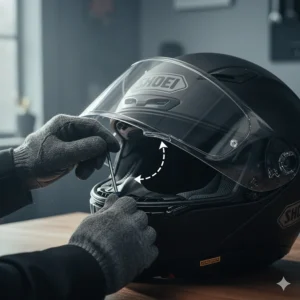 A technical demonstration of how to adjust the eccentric pins on a motorbike visor to ensure a tight Pinlock silicon seal.