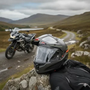 An adventure-style Pinlock ready helmet featuring a peak and a fog-resistant inner lens for long-distance touring.