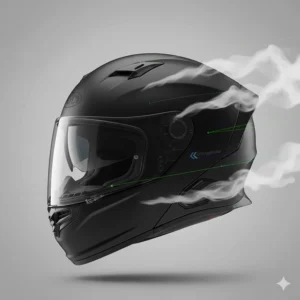 Illustration showing the smooth, aerodynamic shell shape of a quiet motorcycle helmet to minimise drag and whistling.