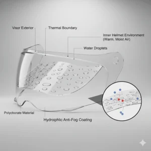 3D exploded view of a motorcycle visor showing the hydrophilic anti-fog coating layer and the thermal boundary against moist air.