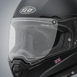 Close-up of a Pinlock 120 anti-fog insert fitted to a clear visor, an essential feature for waterproof motorcycle helmets in the UK.