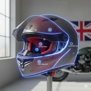 A digital overlay highlighting the antibacterial and odour-resistant properties of a moisture-wicking helmet interior.