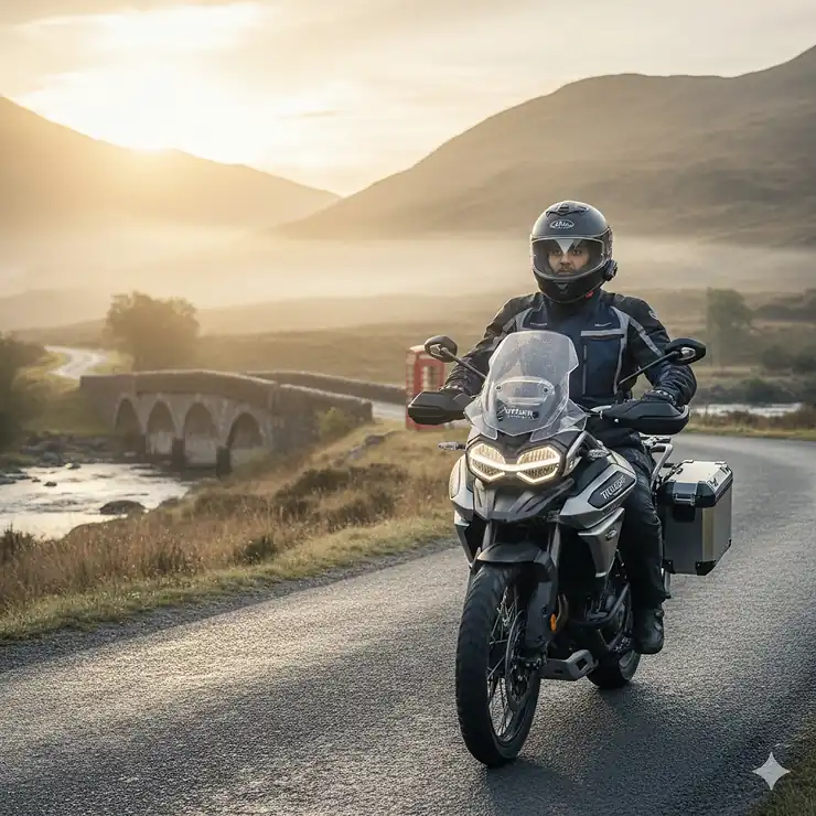 A motorcyclist wearing a full-face anti-fog motorcycle helmet riding a Triumph motorbike through the misty British countryside at sunrise. anti fog motorcycle helmets