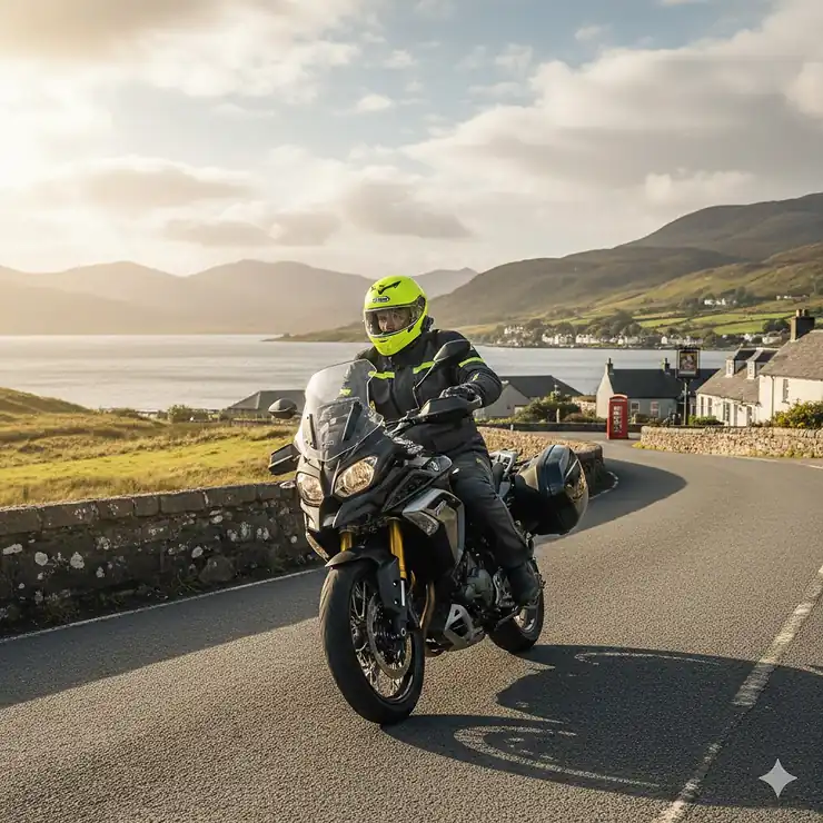 A rider wearing a neon yellow high visibility motorcycle helmet while riding on a British road. high visibility motorcycle helmets