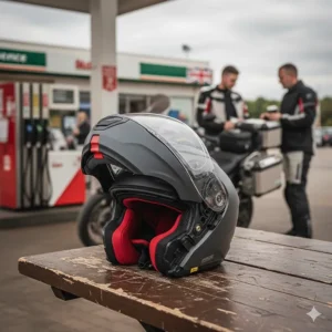 A matt black modular motorcycle helmet in the open position resting on a wooden table at a UK motorway service station.