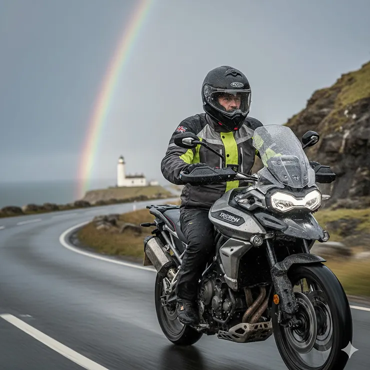 A biker riding a Triumph adventure motorbike on a wet coastal road in the UK, wearing a waterproof motorcycle helmet with a rainbow and lighthouse in the background. waterproof motorcycle helmets